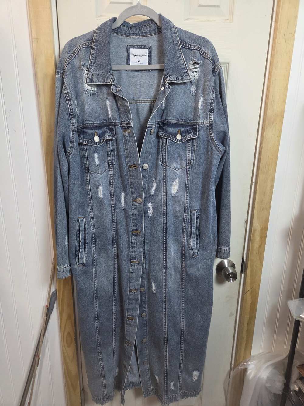 Highway Jeans Distressed Long Denim Trench - Faded Blue